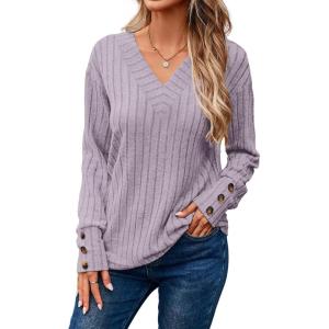 imageDokotoo Womens Soft Long Sleeve V Neck Shirts Solid Casual Decorative Buttons Knitted Pullover Tunic TopsOrchid Petal