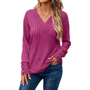 imageDokotoo Womens Soft Long Sleeve V Neck Shirts Solid Casual Decorative Buttons Knitted Pullover Tunic TopsRose Red