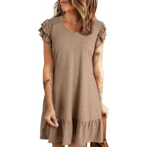 imageDokotoo Womens Summer Dresses 2025 Ruffle Short Sleeve Smocked V Neck Casual Loose ALine Swing Mini Dress SundressBeige