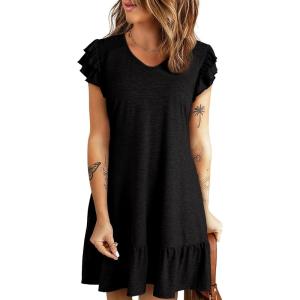 imageDokotoo Womens Summer Dresses 2025 Ruffle Short Sleeve Smocked V Neck Casual Loose ALine Swing Mini Dress SundressBlack