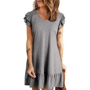 imageDokotoo Womens Summer Dresses 2025 Ruffle Short Sleeve Smocked V Neck Casual Loose ALine Swing Mini Dress SundressGrey