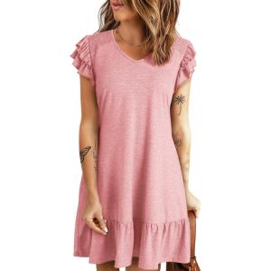 imageDokotoo Womens Summer Dresses 2025 Ruffle Short Sleeve Smocked V Neck Casual Loose ALine Swing Mini Dress SundressPink