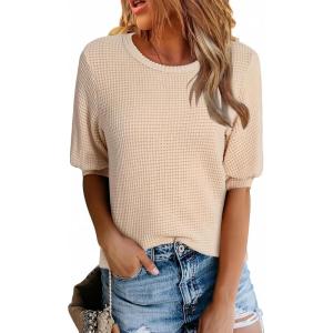 imageDokotoo Womens Summer Tops 2025 Casual Crewneck Short Lantern Sleeve Blouse Waffle Knit Pullover ShirtsBeige