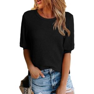 imageDokotoo Womens Summer Tops 2025 Casual Crewneck Short Lantern Sleeve Blouse Waffle Knit Pullover ShirtsBlack