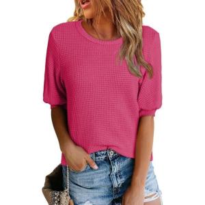 imageDokotoo Womens Summer Tops 2025 Casual Crewneck Short Lantern Sleeve Blouse Waffle Knit Pullover ShirtsBright Pink