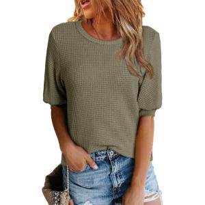 imageDokotoo Womens Summer Tops 2025 Casual Crewneck Short Lantern Sleeve Blouse Waffle Knit Pullover ShirtsMoss Green