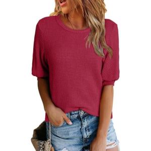 imageDokotoo Womens Summer Tops 2025 Casual Crewneck Short Lantern Sleeve Blouse Waffle Knit Pullover ShirtsRed Dahlia