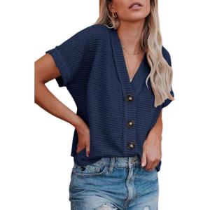 imageDokotoo Womens Summer Tops 2025 Waffle Knit Button Down Shirts Casual V Neck Short Sleeve Shacket Jacket Dressy BlousesBlue