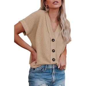 imageDokotoo Womens Summer Tops 2025 Waffle Knit Button Down Shirts Casual V Neck Short Sleeve Shacket Jacket Dressy BlousesBrown