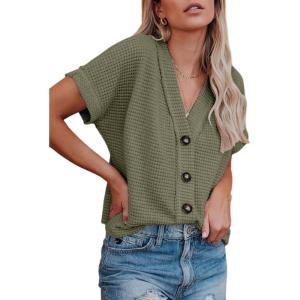 imageDokotoo Womens Summer Tops 2025 Waffle Knit Button Down Shirts Casual V Neck Short Sleeve Shacket Jacket Dressy BlousesGreen