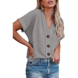 imageDokotoo Womens Summer Tops 2025 Waffle Knit Button Down Shirts Casual V Neck Short Sleeve Shacket Jacket Dressy BlousesGrey