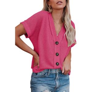imageDokotoo Womens Summer Tops 2025 Waffle Knit Button Down Shirts Casual V Neck Short Sleeve Shacket Jacket Dressy BlousesRed