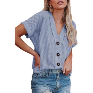 imageDokotoo Womens Summer Tops 2025 Waffle Knit Button Down Shirts Casual V Neck Short Sleeve Shacket Jacket Dressy BlousesSky Blue