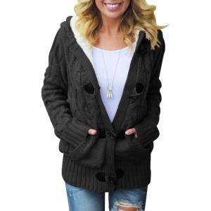 imageDokotoo Womens Sweaters Winter Hooded Cardigans Button Up Cable Knit Coats Jackets Outerwear with PocketsBlack