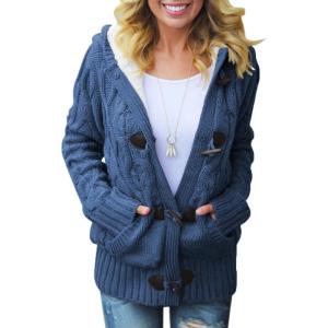 imageDokotoo Womens Sweaters Winter Hooded Cardigans Button Up Cable Knit Coats Jackets Outerwear with PocketsBlue 2
