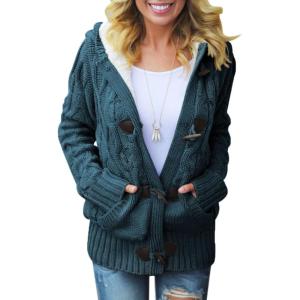 imageDokotoo Womens Sweaters Winter Hooded Cardigans Button Up Cable Knit Coats Jackets Outerwear with PocketsBlue 3