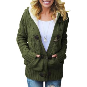 imageDokotoo Womens Sweaters Winter Hooded Cardigans Button Up Cable Knit Coats Jackets Outerwear with PocketsGreen