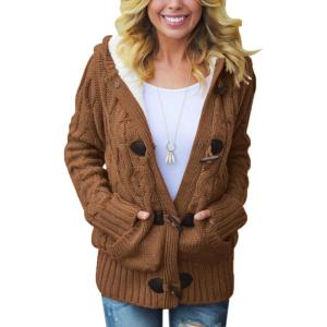 imageDokotoo Womens Sweaters Winter Hooded Cardigans Button Up Cable Knit Coats Jackets Outerwear with PocketsKhaki