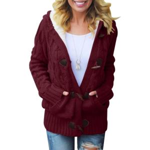 imageDokotoo Womens Sweaters Winter Hooded Cardigans Button Up Cable Knit Coats Jackets Outerwear with PocketsWine
