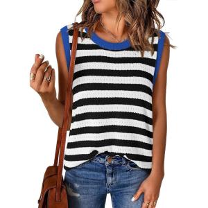 imageDokotoo Womens Tank Top Casual Summer Sleeveless Sweater Vest Fashion Striped Color Block Knit Crewneck Tops ShirtsBlack