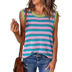 imageDokotoo Womens Tank Top Casual Summer Sleeveless Sweater Vest Fashion Striped Color Block Knit Crewneck Tops ShirtsPink