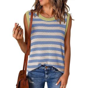 imageDokotoo Womens Tank Top Casual Summer Sleeveless Sweater Vest Fashion Striped Color Block Knit Crewneck Tops ShirtsSky Blue