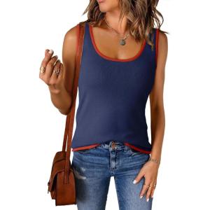 imageDokotoo Womens Tank Tops 2025 Summer Casual Sleeveless Scoop Neck Ribbed Knit Color Block Slim Fitted Cami Tee ShirtsDark Blue
