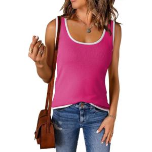imageDokotoo Womens Tank Tops 2025 Summer Casual Sleeveless Scoop Neck Ribbed Knit Color Block Slim Fitted Cami Tee ShirtsHot Pink
