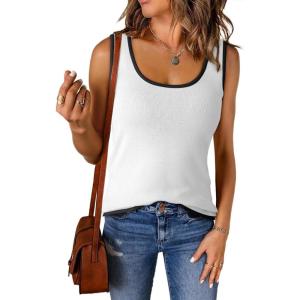 imageDokotoo Womens Tank Tops 2025 Summer Casual Sleeveless Scoop Neck Ribbed Knit Color Block Slim Fitted Cami Tee ShirtsWhite