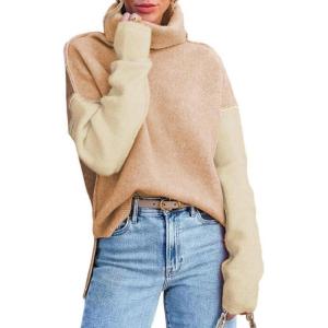 imageDokotoo Womens Turtleneck Sweaters Casual Long Sleeve Color Block Side Slit Pullover Knit Jumper TopsApricot Powder