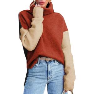 imageDokotoo Womens Turtleneck Sweaters Casual Long Sleeve Color Block Side Slit Pullover Knit Jumper TopsClay Red