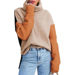 imageDokotoo Womens Turtleneck Sweaters Casual Long Sleeve Color Block Side Slit Pullover Knit Jumper TopsMaillard