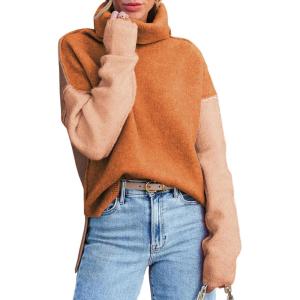 imageDokotoo Womens Turtleneck Sweaters Casual Long Sleeve Color Block Side Slit Pullover Knit Jumper TopsMaillard Color