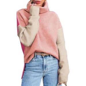imageDokotoo Womens Turtleneck Sweaters Casual Long Sleeve Color Block Side Slit Pullover Knit Jumper TopsPeach