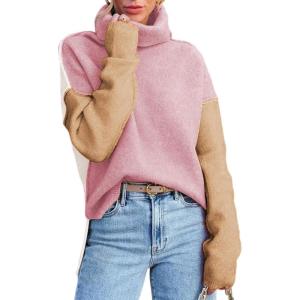 imageDokotoo Womens Turtleneck Sweaters Casual Long Sleeve Color Block Side Slit Pullover Knit Jumper TopsPink