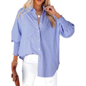 imageDokotoo Womens V Neck Striped Button Down Shirts Long Sleeve Tunic TopsBlue