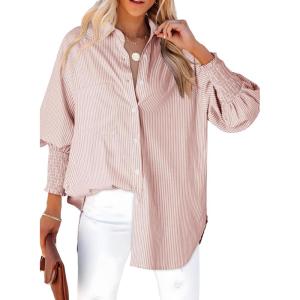 imageDokotoo Womens V Neck Striped Button Down Shirts Long Sleeve Tunic TopsBrown