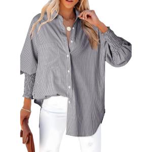 imageDokotoo Womens V Neck Striped Button Down Shirts Long Sleeve Tunic TopsGray