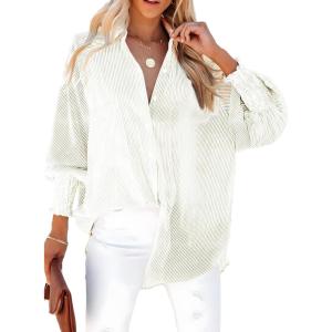 imageDokotoo Womens V Neck Striped Button Down Shirts Long Sleeve Tunic TopsKhaki