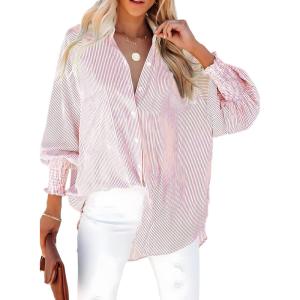 imageDokotoo Womens V Neck Striped Button Down Shirts Long Sleeve Tunic TopsRed