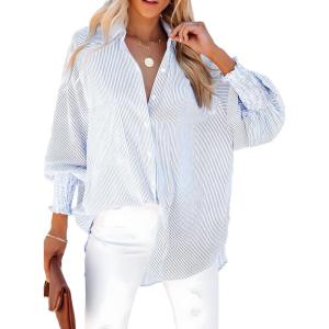 imageDokotoo Womens V Neck Striped Button Down Shirts Long Sleeve Tunic TopsSky Blue