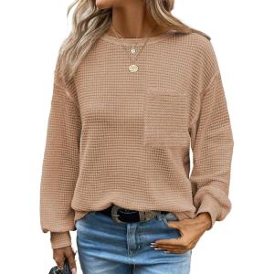 imageDokotoo Womens Waffle Knit Tops 2025 Oversized Long Sleeve Crewneck Shirts Business Casual Blouses Basic ShirtsA Apricot