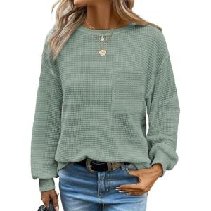 imageDokotoo Womens Waffle Knit Tops 2025 Oversized Long Sleeve Crewneck Shirts Business Casual Blouses Basic ShirtsA Mist Green