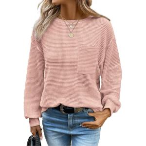 imageDokotoo Womens Waffle Knit Tops 2025 Oversized Long Sleeve Crewneck Shirts Business Casual Blouses Basic ShirtsApricot Pink