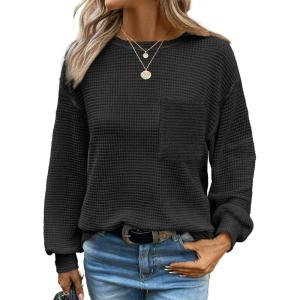 imageDokotoo Womens Waffle Knit Tops 2025 Oversized Long Sleeve Crewneck Shirts Business Casual Blouses Basic ShirtsBlack