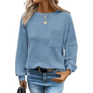 imageDokotoo Womens Waffle Knit Tops 2025 Oversized Long Sleeve Crewneck Shirts Business Casual Blouses Basic ShirtsDusk Blue