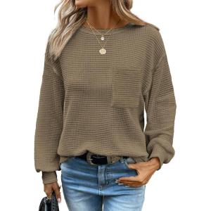 imageDokotoo Womens Waffle Knit Tops 2025 Oversized Long Sleeve Crewneck Shirts Business Casual Blouses Basic ShirtsElmwood
