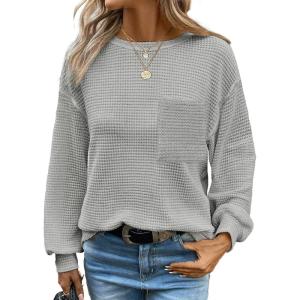 imageDokotoo Womens Waffle Knit Tops 2025 Oversized Long Sleeve Crewneck Shirts Business Casual Blouses Basic ShirtsGray