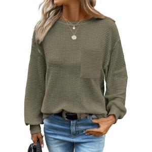 imageDokotoo Womens Waffle Knit Tops 2025 Oversized Long Sleeve Crewneck Shirts Business Casual Blouses Basic ShirtsMoss Green