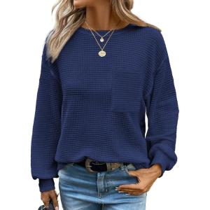 imageDokotoo Womens Waffle Knit Tops 2025 Oversized Long Sleeve Crewneck Shirts Business Casual Blouses Basic ShirtsNavy Blue